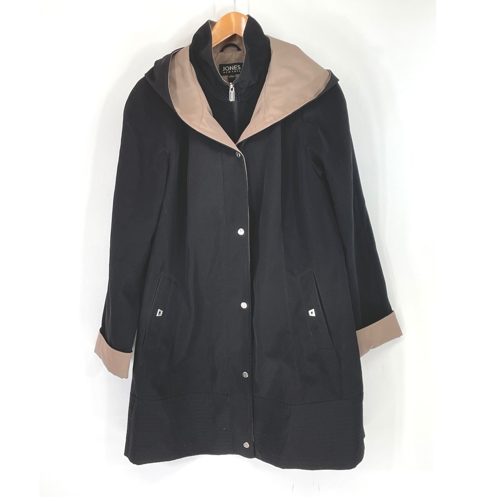 Jones New York Women Raincoat L Jacket Black Tan Hooded Mid-Length Travel